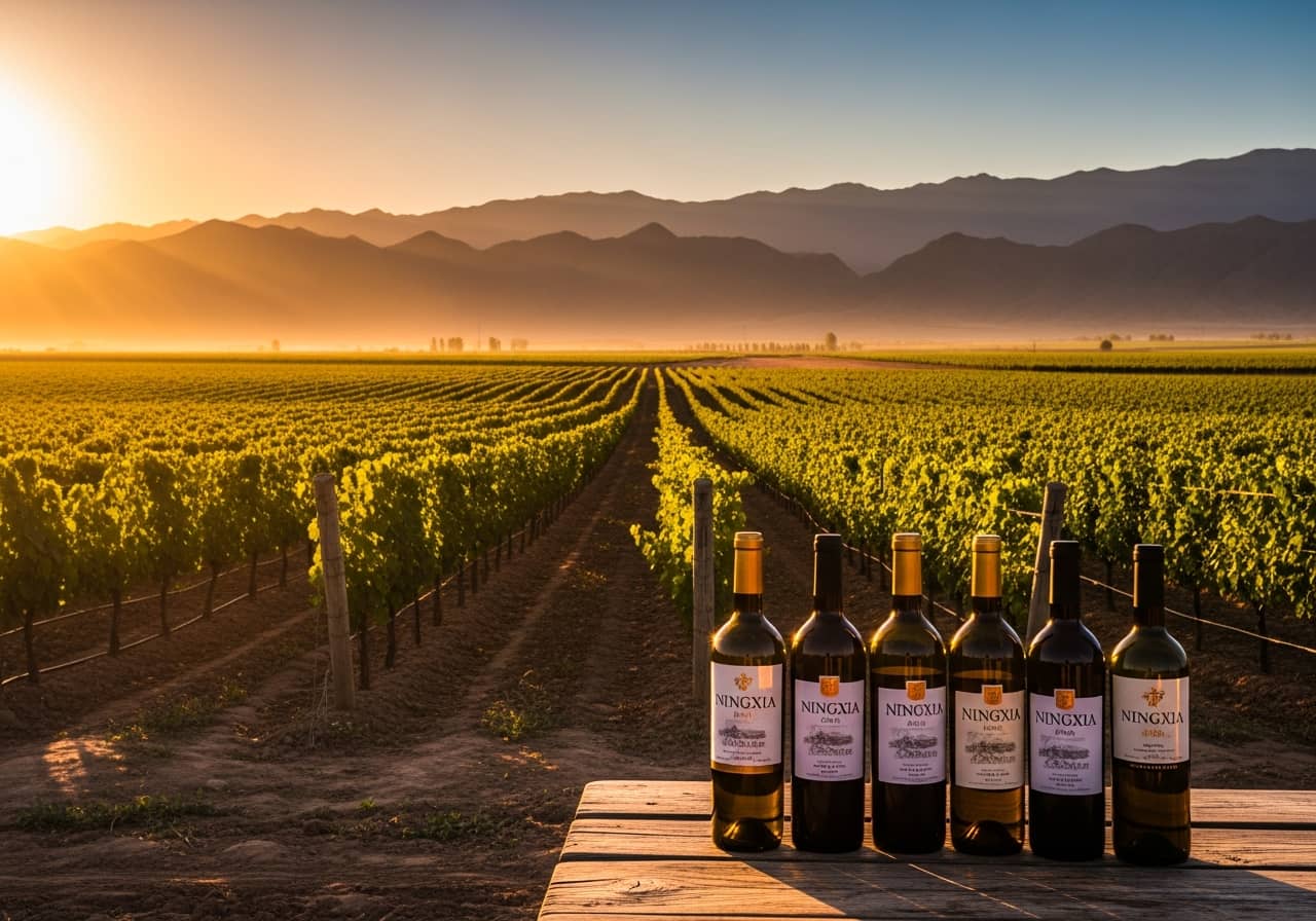 Ningxia wine bottles and vineyard at foot of Helan Mountains China, golden hour, photorealistic