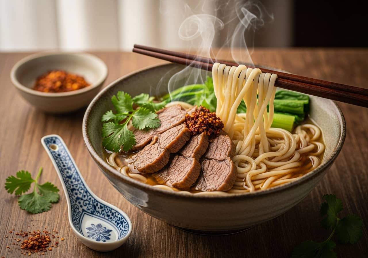 Traditional Hui Lamian hand-pulled noodles in rich broth with lamb and spices, Ningxia China, food photography, warm lighting
