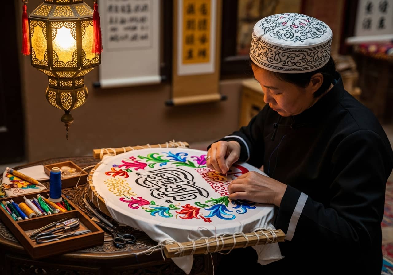 Hui Chinese artisan crafting traditional embroidery with Arabic calligraphy patterns, Ningxia China, warm lighting, photorealistic