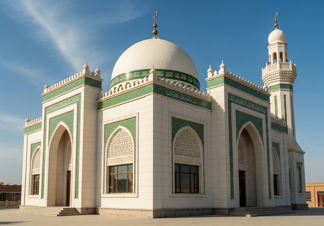 Traditional Hui Muslim mosque in Ningxia China, white and green architecture, minaret, sunny day, photorealistic